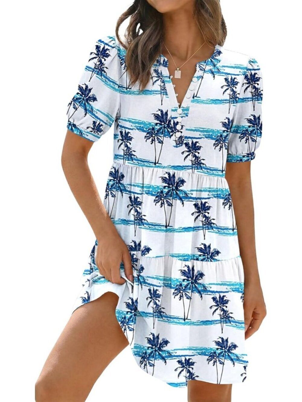 Women's Navy Floral Stylish Baho Beach Striped Short Sleeve T-shirt Mini Dress